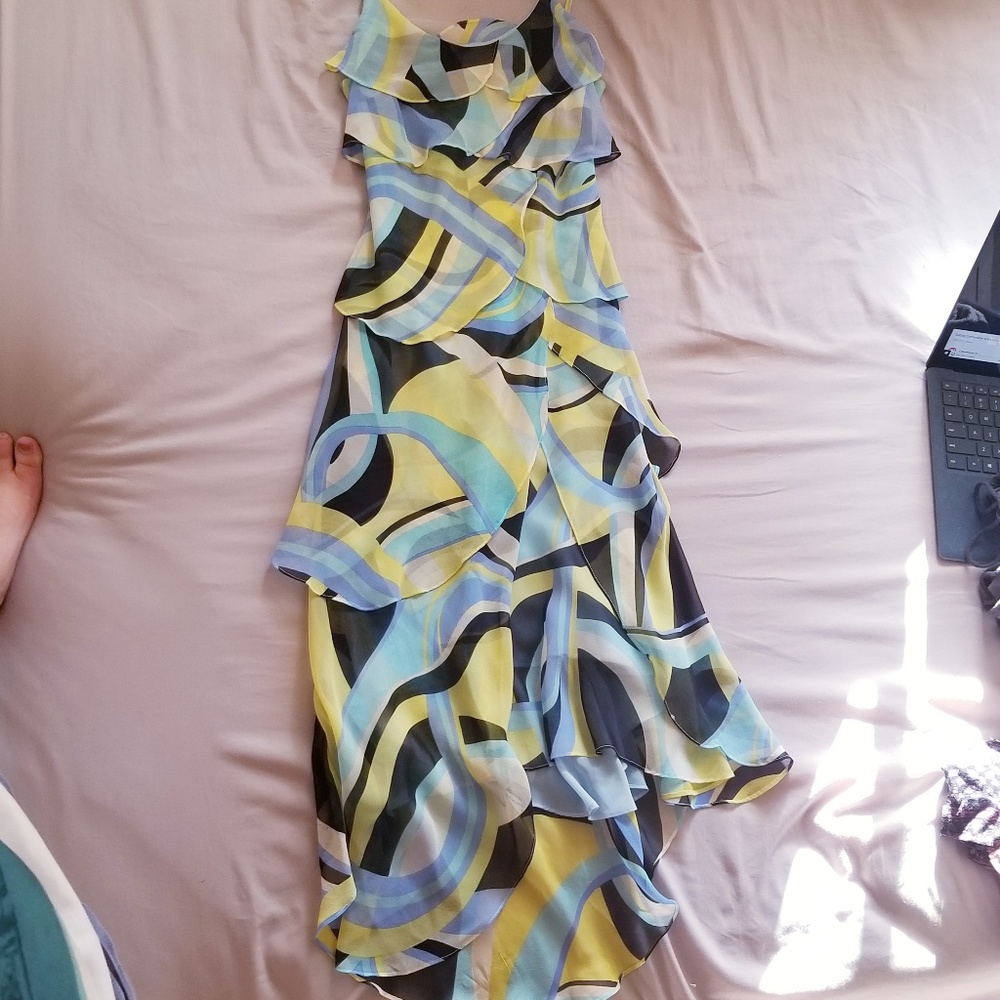 Silk Abstract Print Assymetrical Maxi Dress